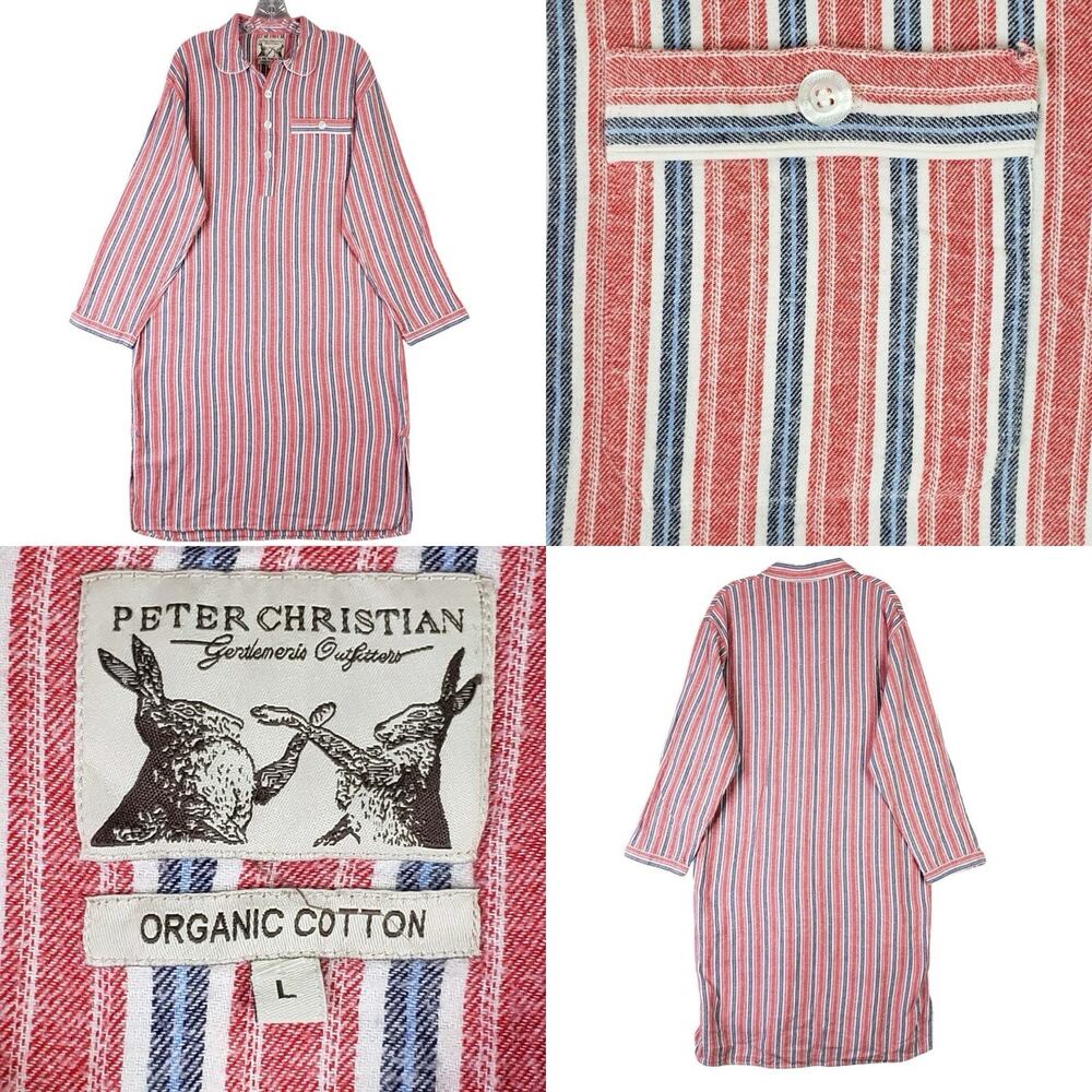 Peter Christian Nightshirt Mens Large Striped Cotton Long Sleeve Red Pajamas